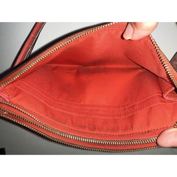 Coach Signature Wristlet Brown/Red Leather Trim – Classic Logo Print - Picture 10 of 11